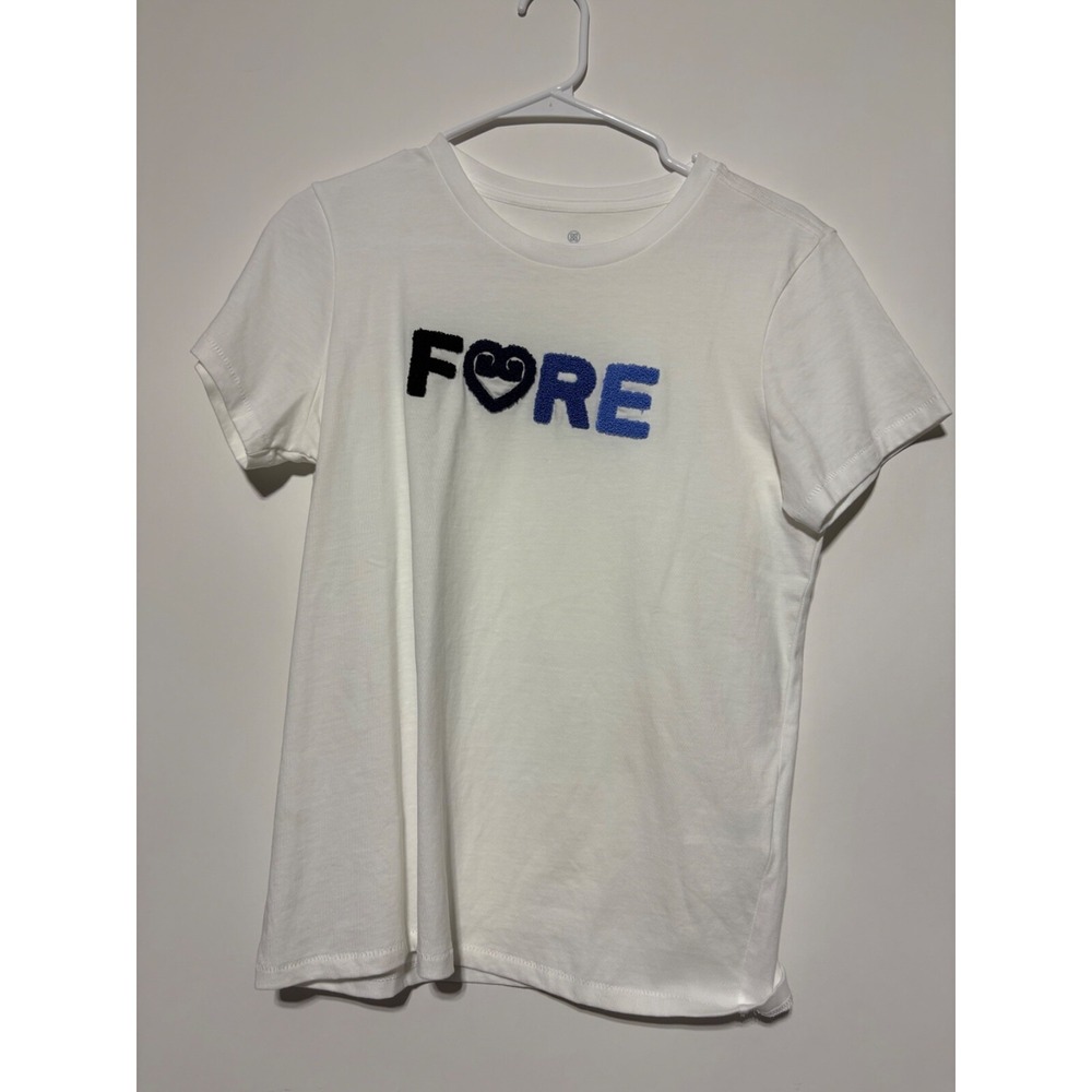 G/Fore Women Size M White Fore Heart Stitched Graphic Short Sleeve Shirt Spots